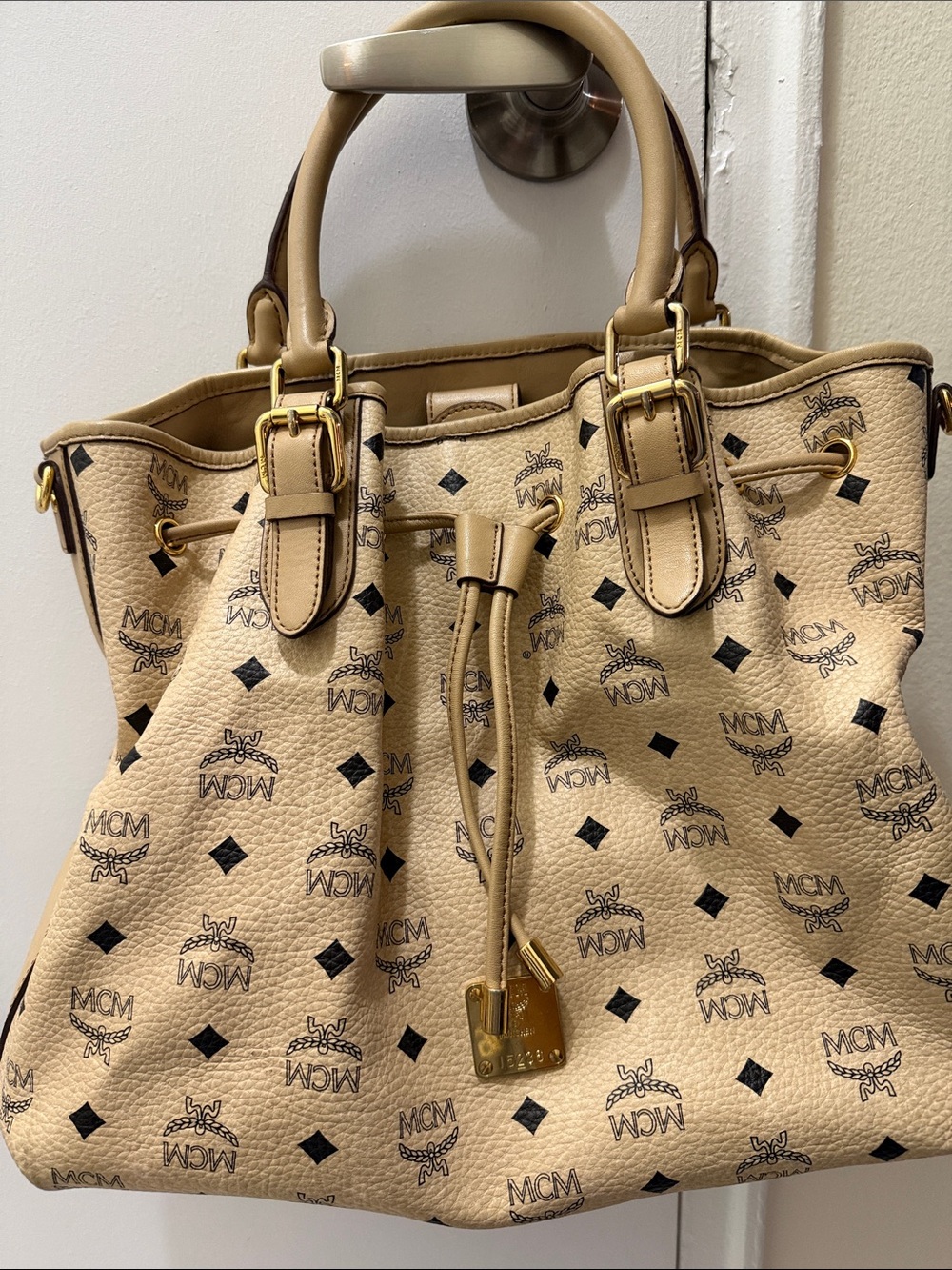 MCM Visetos Beige Drawstring Tote Bag